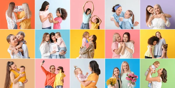 Collage Happy Mothers Daughters Color Background — Stock Photo, Image