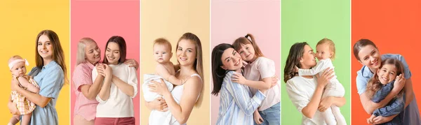 Collage Happy Mothers Daughters Color Background — Stock Photo, Image