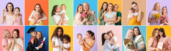 Коллаж Счастливыми Матерями Дочерьми Цветном Фоне — стоковое фото