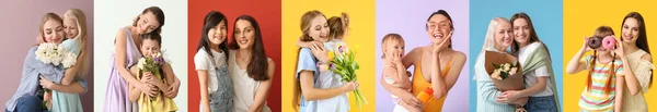 Colagem Com Mães Felizes Seus Filhos Fundo Cor — Fotografia de Stock