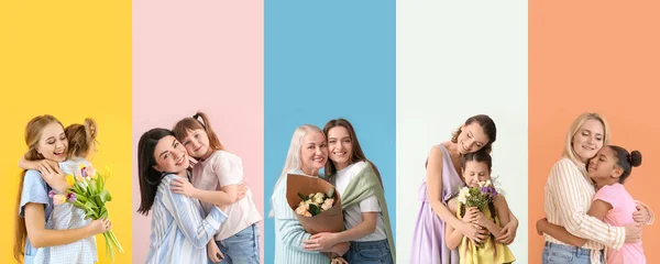Colagem Com Mães Felizes Seus Filhos Fundo Cor — Fotografia de Stock