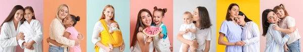 Collage Con Madri Felici Loro Figli Sfondo Colori — Foto Stock