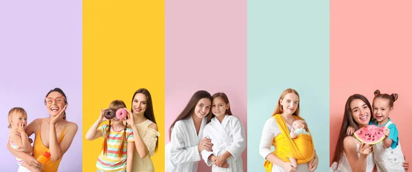 Collage Con Madres Felices Sus Hijos Sobre Fondo Color —  Fotos de Stock
