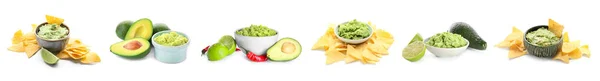 Set Delicious Guacamole Nachos White Background — Stock Photo, Image