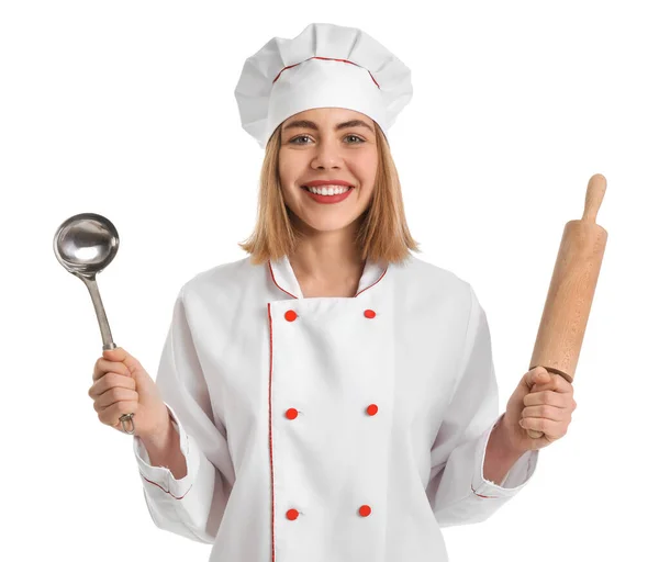 白色底座上有勺子和滚动销的女烘培师 — 图库照片