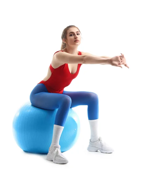 Sporty Young Woman Fitball Doing Aerobics White Background — Stock Photo, Image