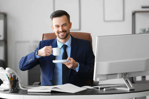 Handsome Businessman Cup Coffee Working Table Office — Stock Photo, Image