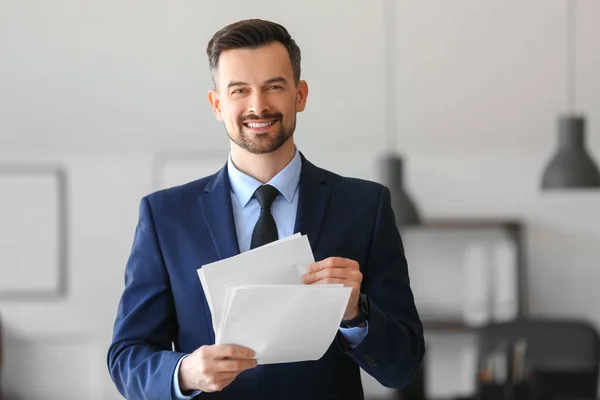 Handsome Businessman Documents Working Office — Stock Photo, Image