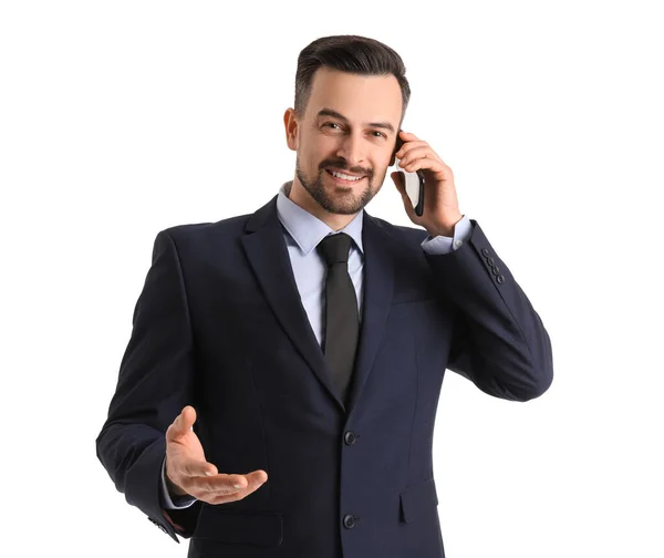 Jóképű Üzletember Beszélő Mobil Telefon Fehér Háttér — Stock Fotó