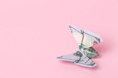 Pembe arka planda dolar banknotlarından yapılmış Origami kelebeği