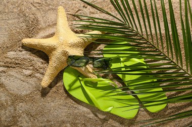 Güneş gözlüklü parmak arası terlikler, deniz yıldızı ve kumdaki palmiye yaprağı.