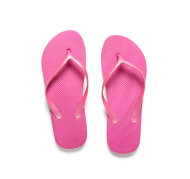 Beyaz arka planda pembe parmak arası terlikler.