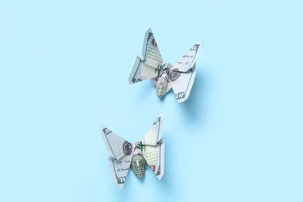 Papillons Origami Faits Billets Dollars Sur Fond Bleu — Photo