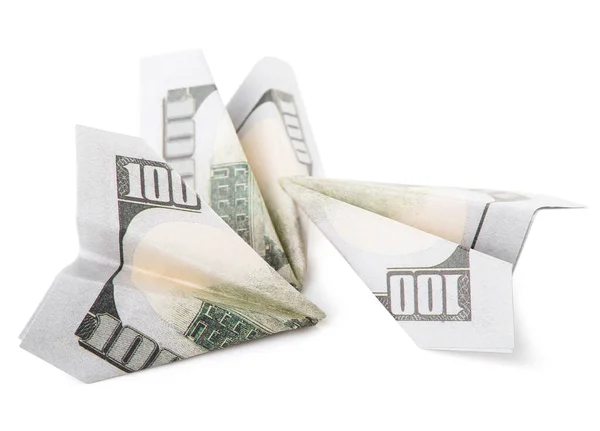 Αεροπλάνα Origami Κατασκευασμένα Από Τραπεζογραμμάτια Δολαρίου Λευκό Φόντο — Φωτογραφία Αρχείου