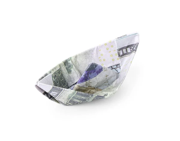 Barco Origami Feito Notas Dólar Sobre Fundo Branco — Fotografia de Stock