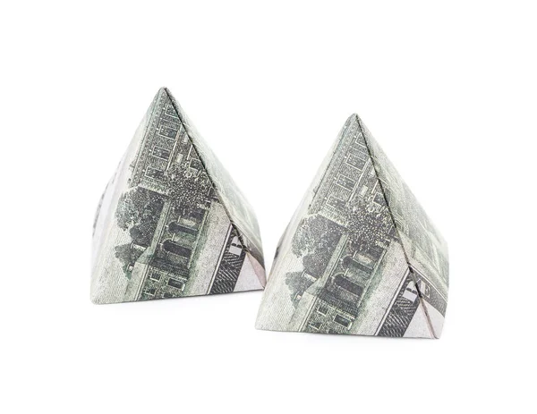 Pirámides Origami Hechas Billetes Dólar Sobre Fondo Blanco —  Fotos de Stock