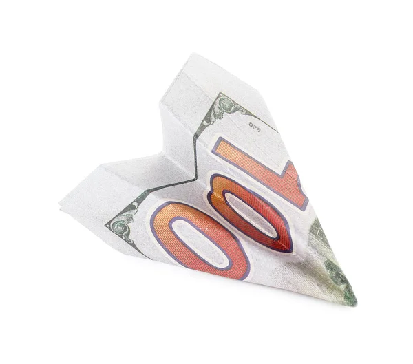 Αεροπλάνο Origami Κατασκευασμένο Από Τραπεζογραμμάτιο Δολαρίων Λευκό Φόντο — Φωτογραφία Αρχείου