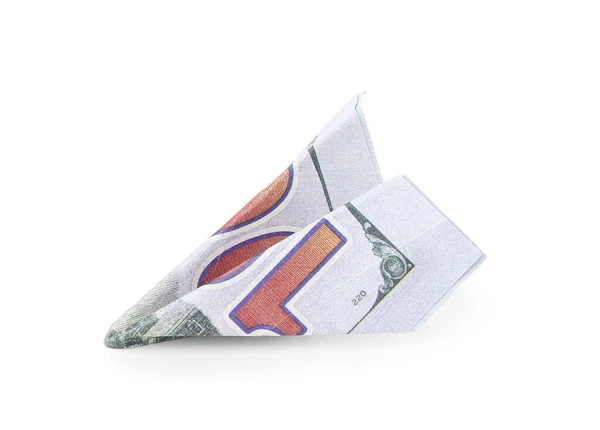 Beyaz Arkaplanda Dolar Banknotundan Yapılmış Origami Uçağı — Stok fotoğraf