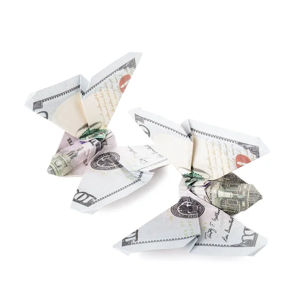 Borboletas Origami Feitas Notas Dólar Sobre Fundo Branco — Fotografia de Stock