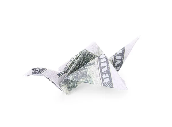 Πουλί Origami Κατασκευασμένο Από Τραπεζογραμμάτια Δολαρίου Λευκό Φόντο — Φωτογραφία Αρχείου