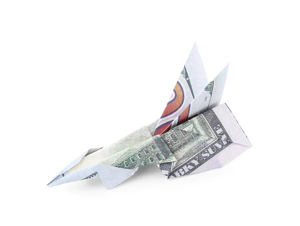 Avión Origami Hecho Billetes Dólar Sobre Fondo Blanco —  Fotos de Stock