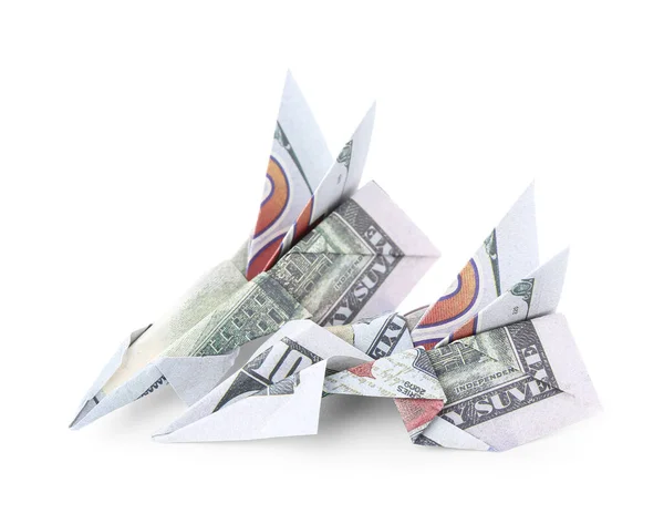 Samoloty Origami Wykonane Banknotów Dolarowych Białym Tle — Zdjęcie stockowe