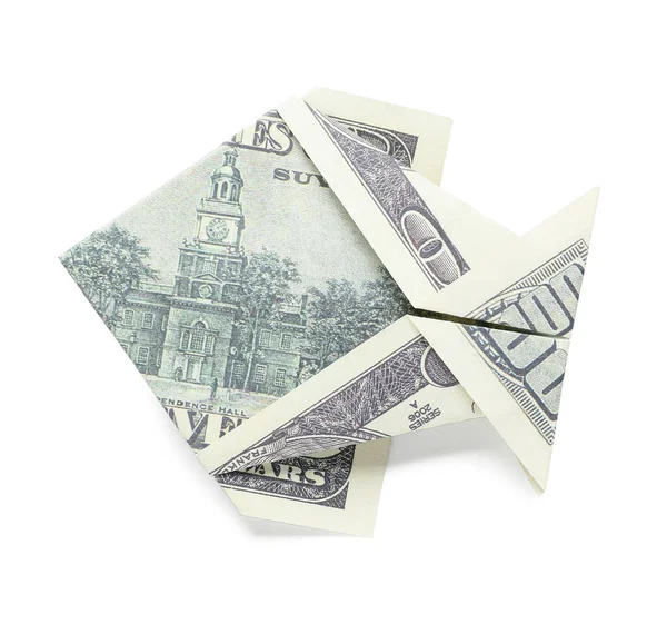 Pescado Origami Hecho Billetes Dólar Sobre Fondo Blanco —  Fotos de Stock
