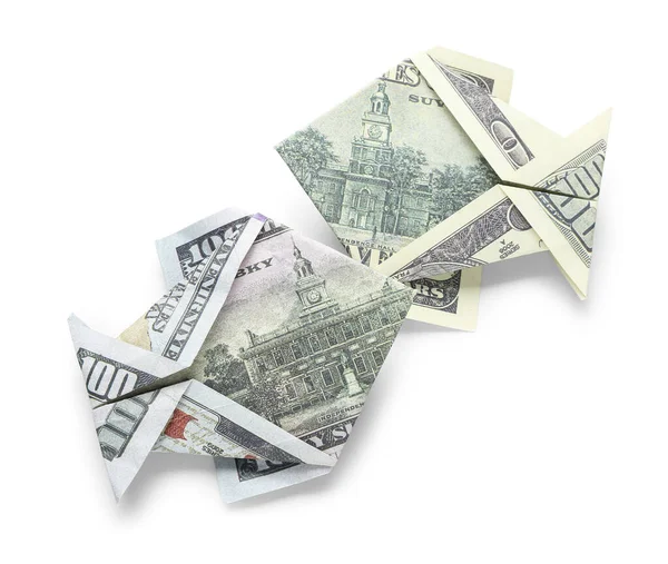 Peces Origami Hechos Billetes Dólar Sobre Fondo Blanco —  Fotos de Stock
