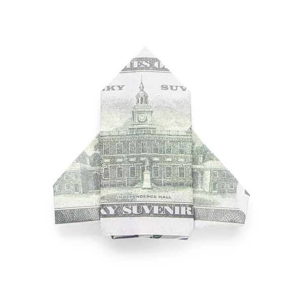 Διαστημικός Πύραυλος Origami Κατασκευασμένος Από Τραπεζογραμμάτια Δολαρίων Λευκό Φόντο — Φωτογραφία Αρχείου