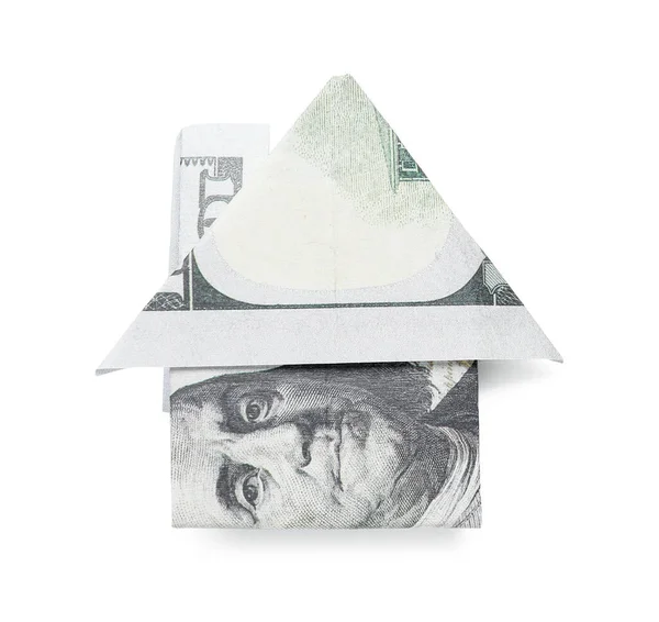 Origami Dom Wykonany Banknotów Dolarowych Białym Tle — Zdjęcie stockowe