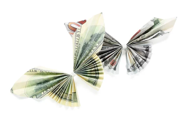 Beyaz Arka Planda Dolar Banknotlarından Yapılmış Origami Kelebekleri — Stok fotoğraf