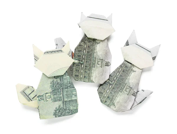 Origami Kedileri Beyaz Arka Planda Dolar Banknotlarından Oluşur — Stok fotoğraf