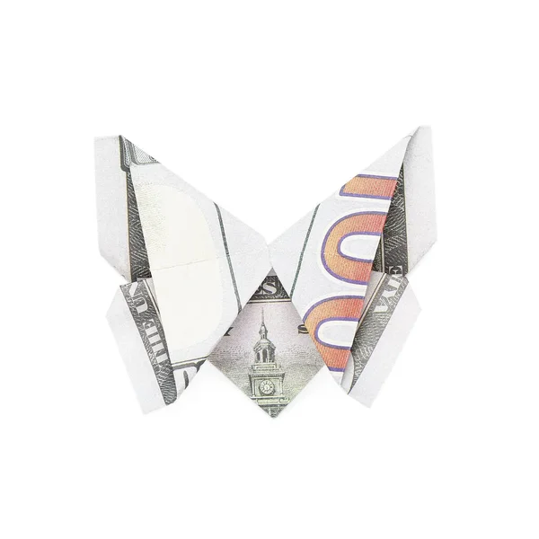 Beyaz Arkaplanda Dolar Banknotlarından Yapılmış Origami Kelebeği — Stok fotoğraf