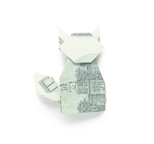Origami Gato Hecho Billetes Dólar Sobre Fondo Blanco —  Fotos de Stock