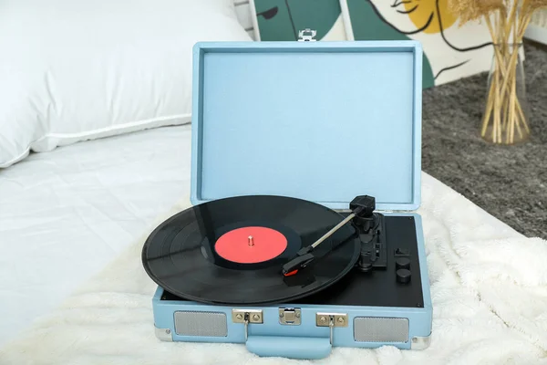 Record Player Vinyl Disk Blanket Bedroom — Stock Photo, Image
