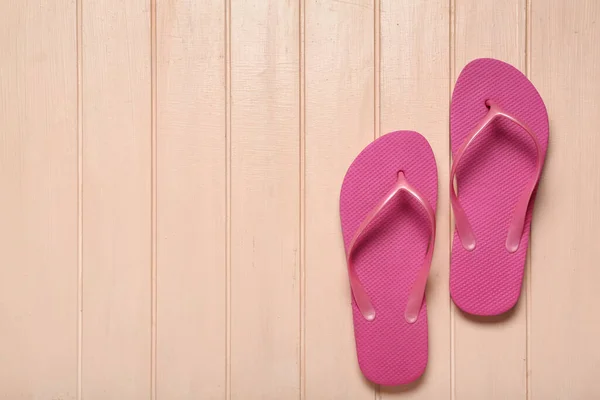 Pink Flip Flops Beige Wooden Background — Stock Photo, Image