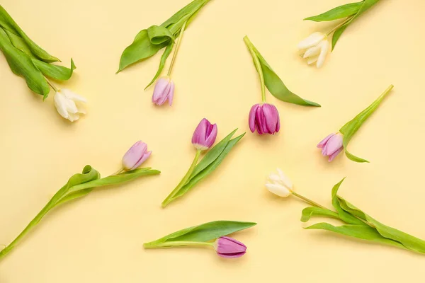 Belles Tulipes Sur Fond Jaune — Photo