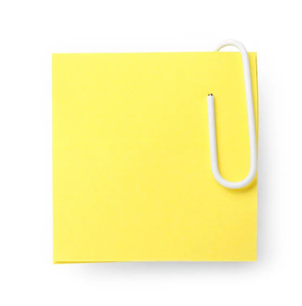 Geel Plakkerig Briefje Met Paperclip Witte Achtergrond — Stockfoto