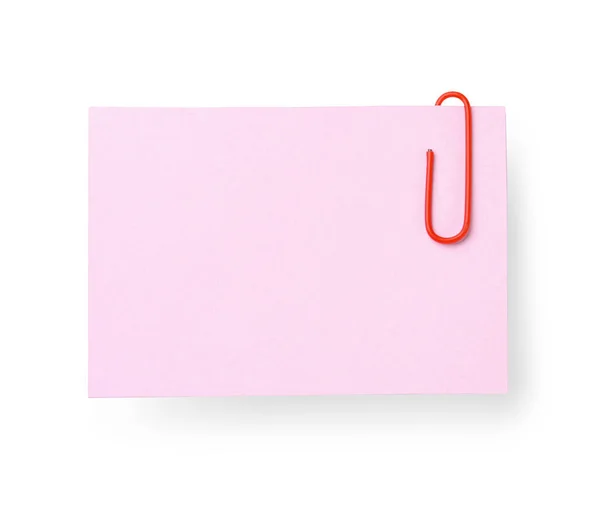 Nota Adesiva Rosa Con Graffetta Sfondo Bianco — Foto Stock