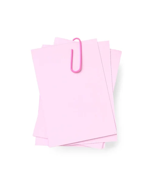 Roze Plakkerige Notities Met Paperclip Witte Achtergrond — Stockfoto