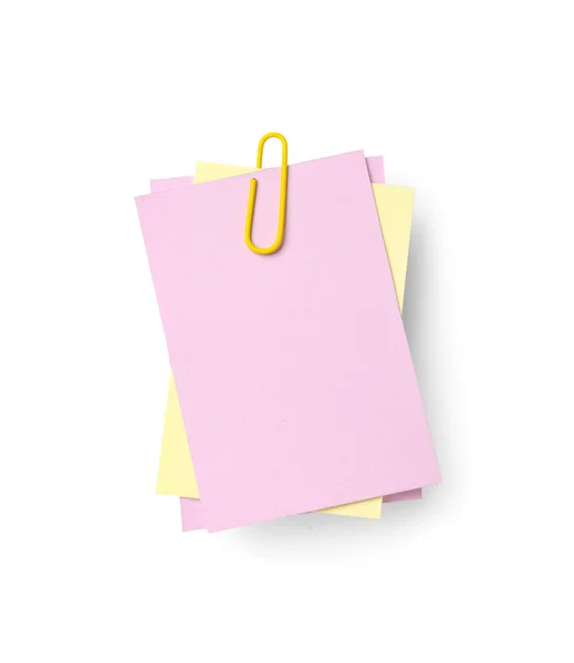 Notas Pegajosas Rosa Amarela Com Clipe Papel Sobre Fundo Branco — Fotografia de Stock
