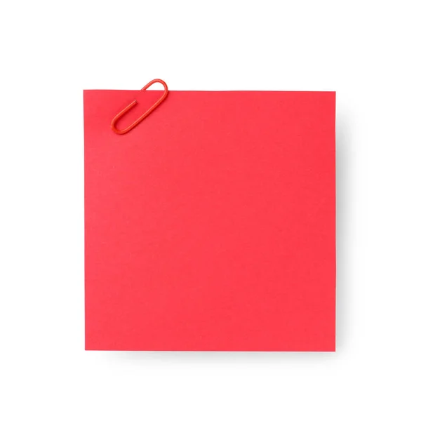 Nota Adhesiva Roja Con Clip Papel Sobre Fondo Blanco — Foto de Stock