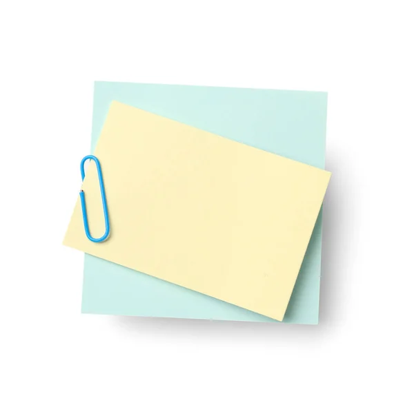 Geel Blauw Kleverige Notities Met Paperclip Witte Achtergrond — Stockfoto