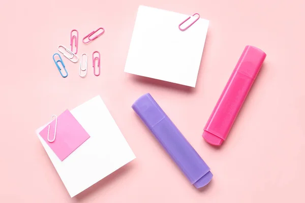 Sticky Notes Paper Clips Markers Pink Background — Stock Photo, Image