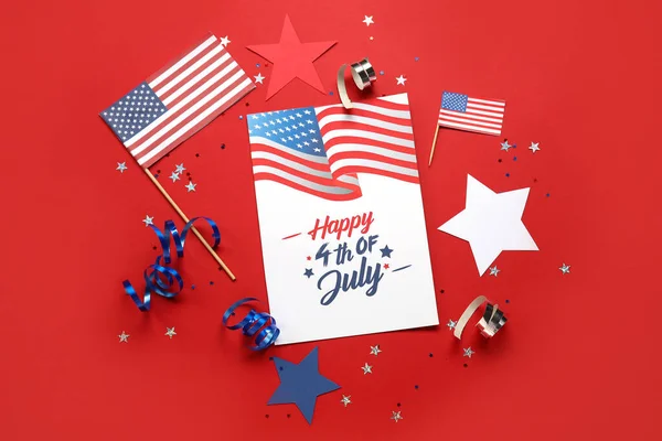 Gratulationskort För Självständighetsdagen Stjärnor Och Usa Flaggor Röd Bakgrund — Stockfoto