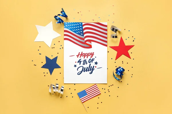 Greeting Card Independence Day Stars Usa Flags Yellow Background — Stock Photo, Image