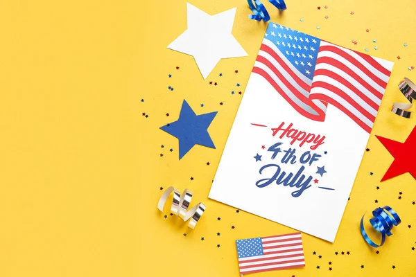 Greeting Card Independence Day Stars Usa Flags Yellow Background — Stock Photo, Image