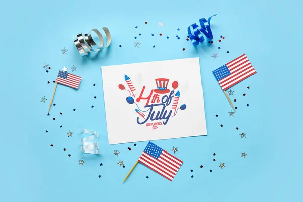 Greeting Card Independence Day Stars Usa Flags Blue Background — Stock Photo, Image