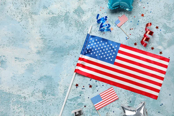 stock image USA flags with stars and serpentine on grunge background. Independence Day celebration