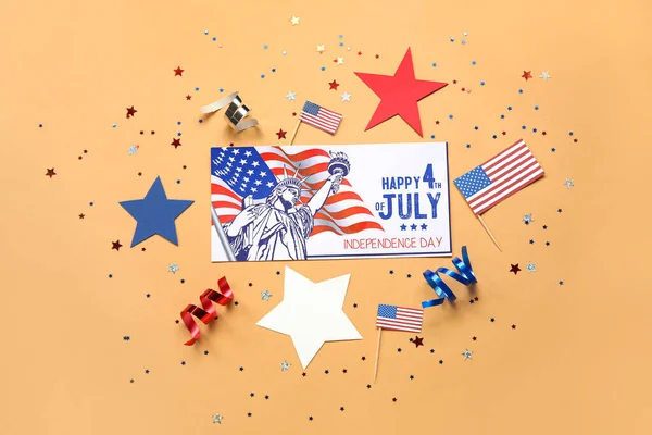 Greeting Card Independence Day Stars Usa Flags Color Background — Stock Photo, Image